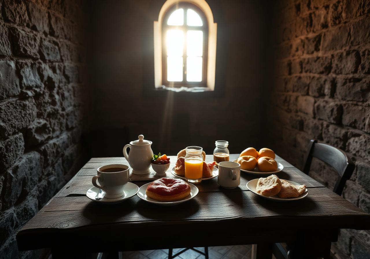 Italian breakfast on a rustic table inside the stone tower