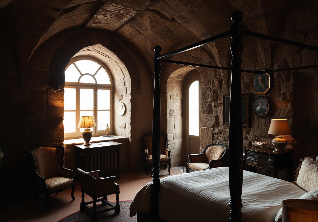 The Camera del Conte suite with four-poster bed and stone vault