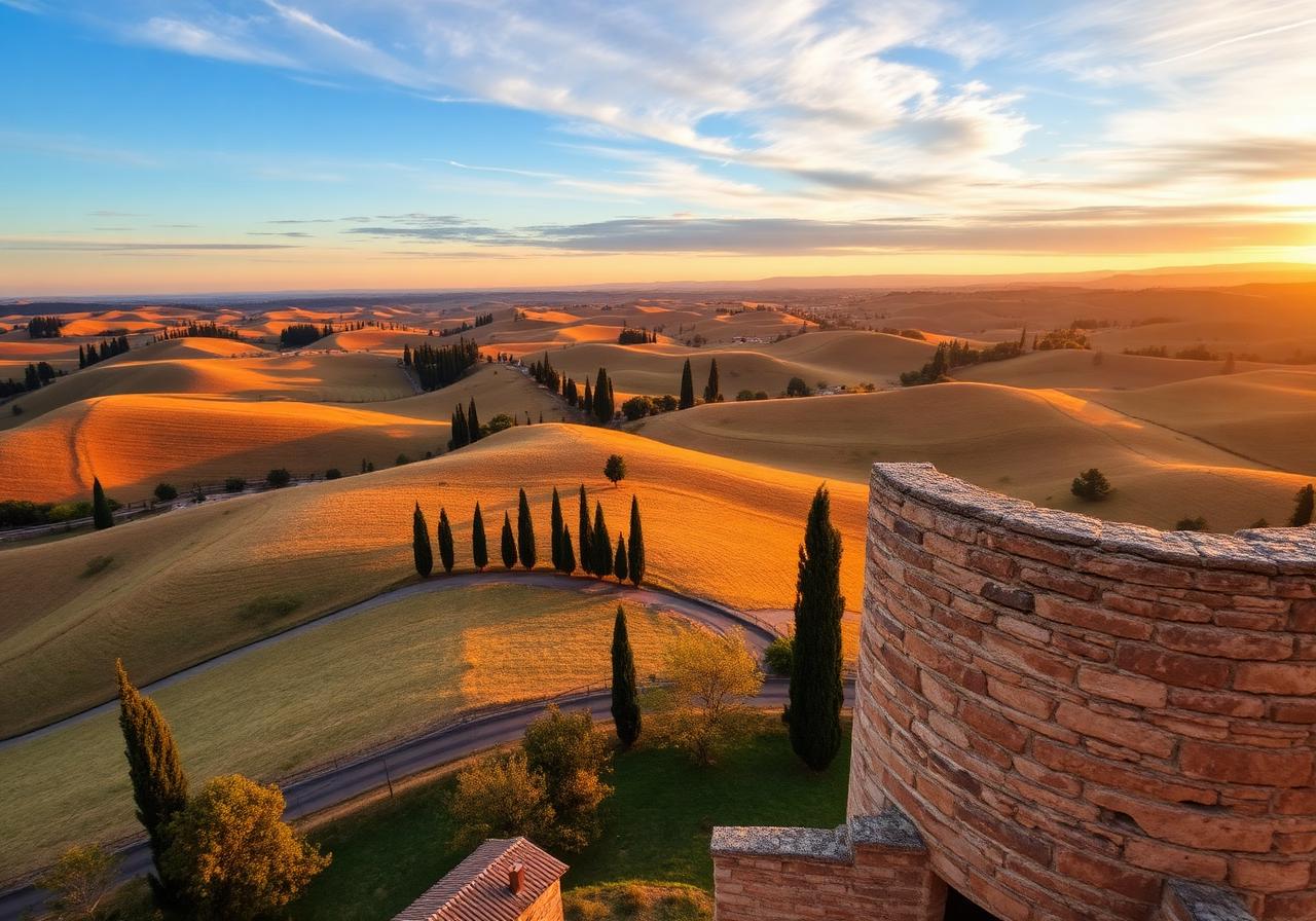 The Val d'Orcia rolling hills seen from the tower at sunset